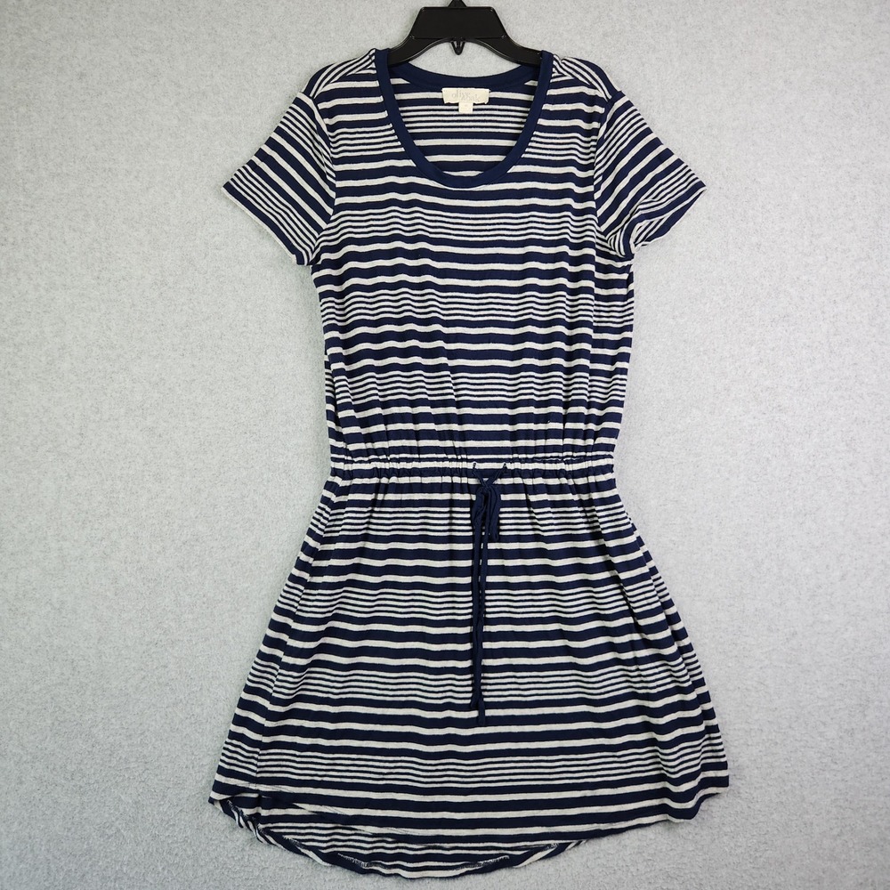 Olive & Oak Dress Women Medium Blue Striped Short Sleeve Drawstring Waist Casual